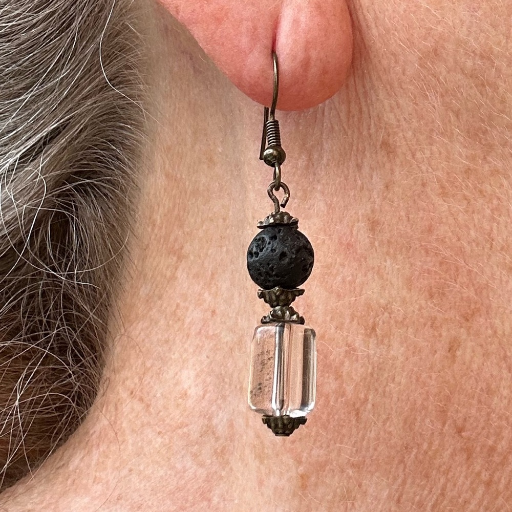 New Lava Stone and Clear Quartz Earrings Hand Made